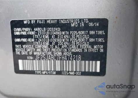 2015 Subaru Forester 2.5I из США, поврежденный, VIN JF2SJABC7FH474218